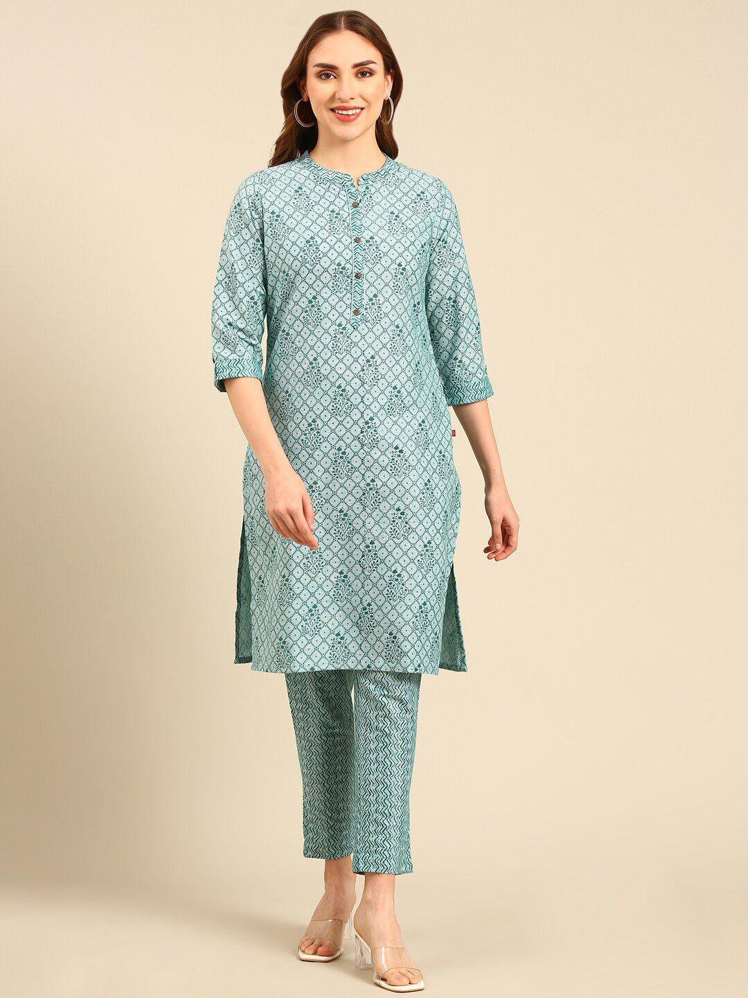 marcia mandarin collar ethnic printed pure cotton straight kurta with trousers
