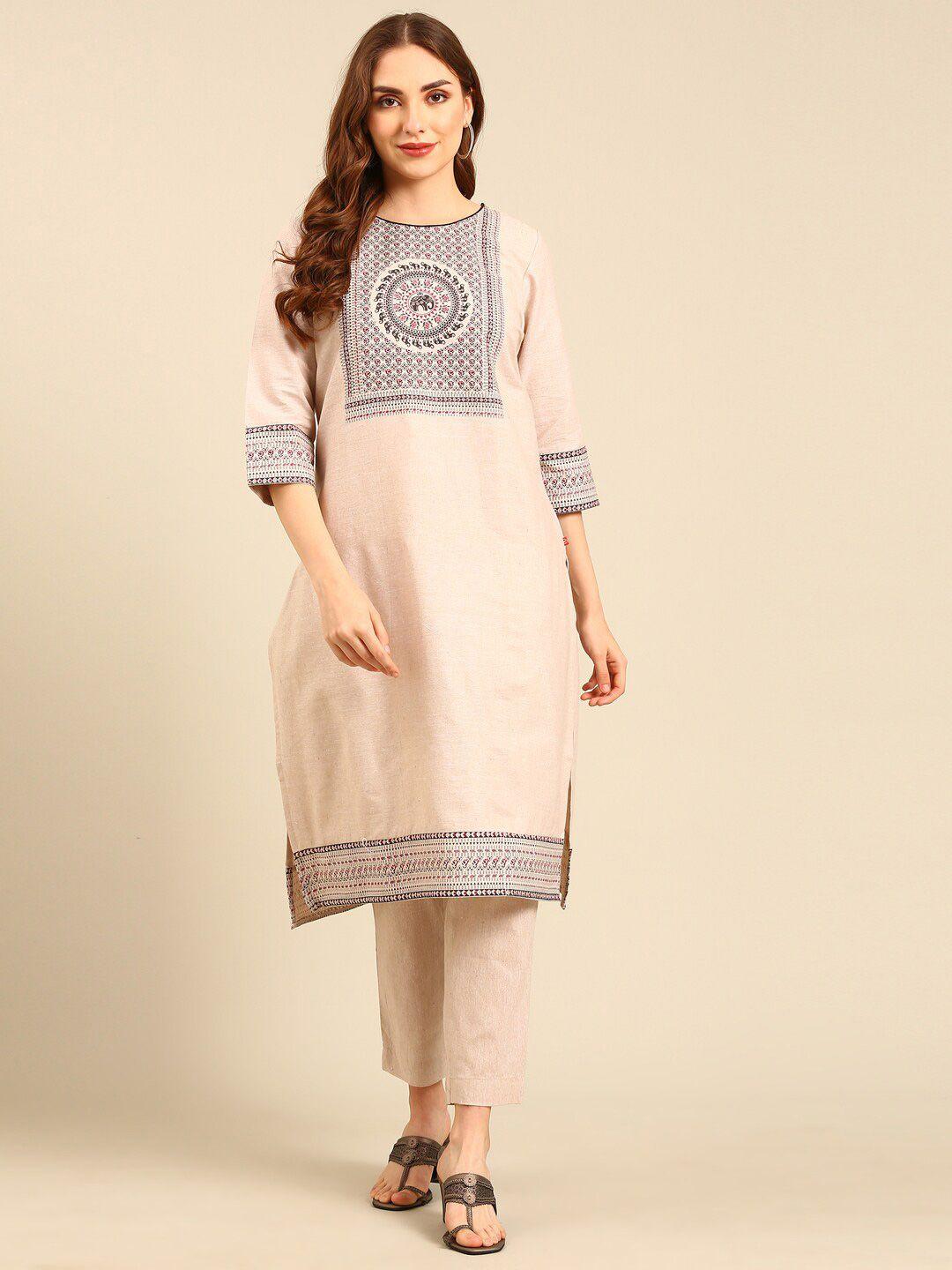 marcia round neck ethnic printed pure cotton straight kurta with trousers
