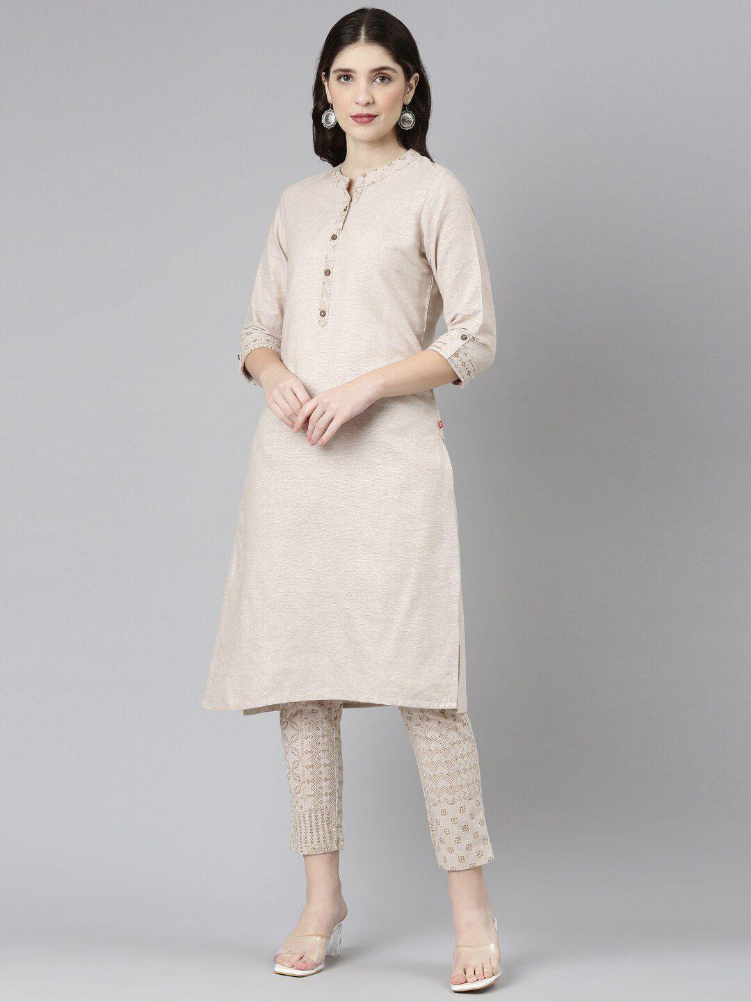 marcia band collar pure cotton straight kurta with trousers