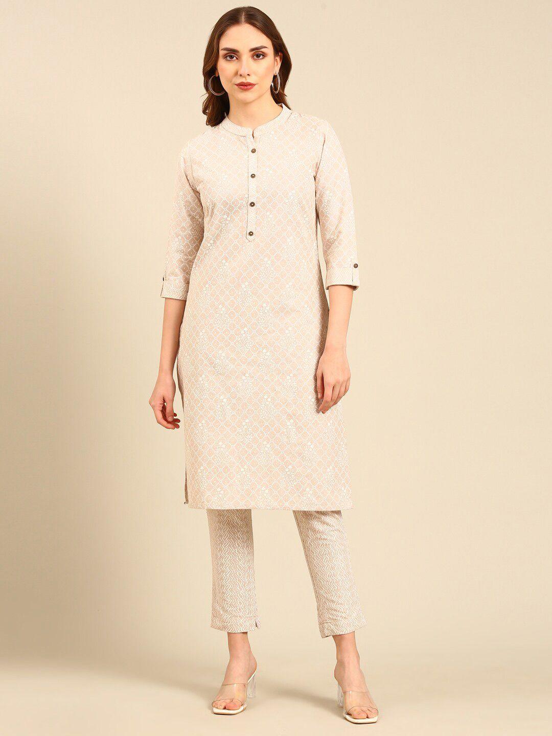 marcia ethnic printed mandarin collar roll-up sleeves pure cotton straight kurta & trouser