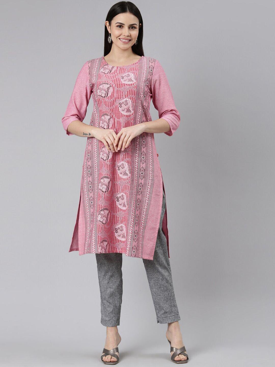 marcia floral printed pure cotton round neck straight kurta