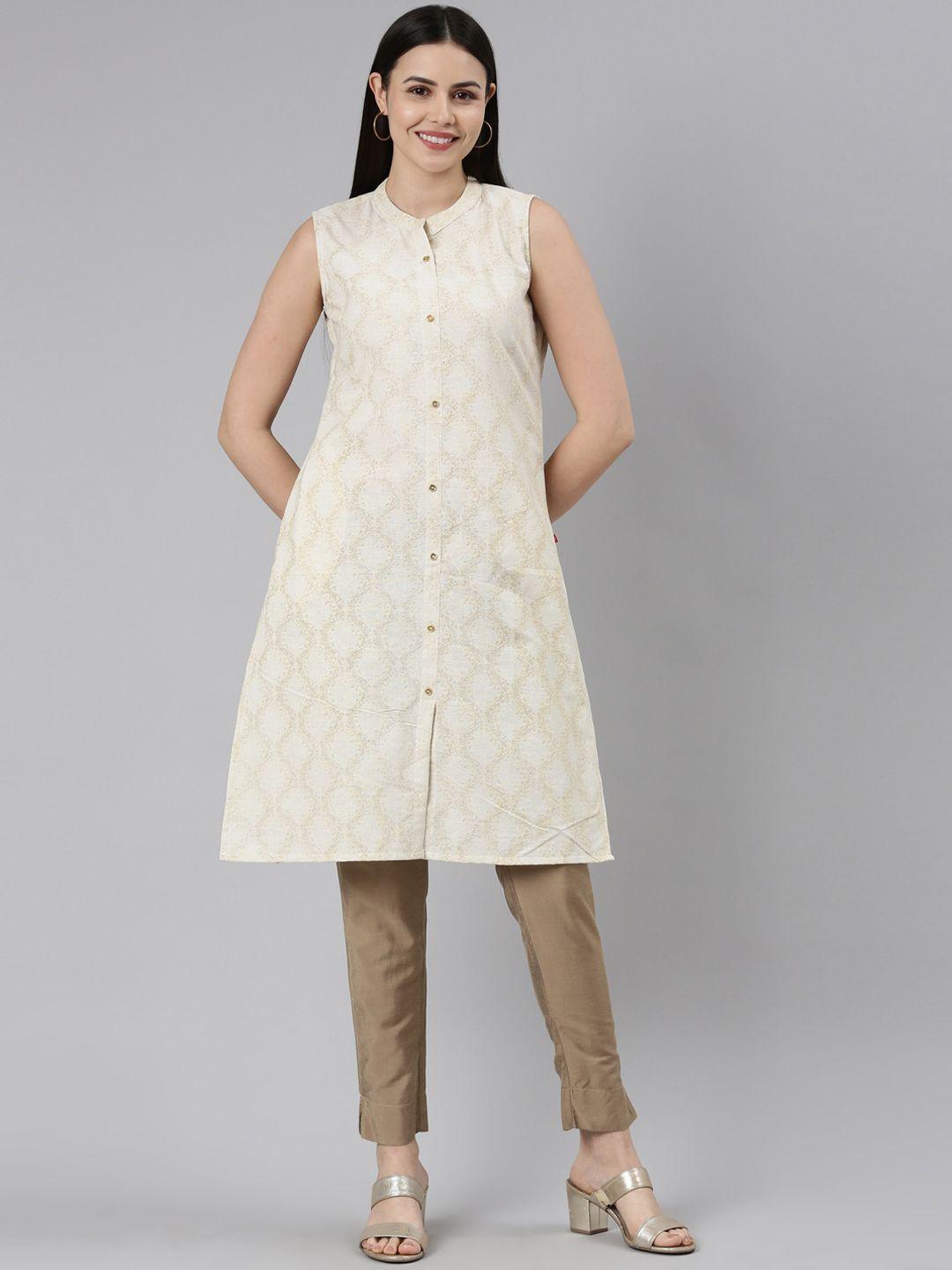 marcia geometric printed cotton mandarin collar sleeveless straight kurta