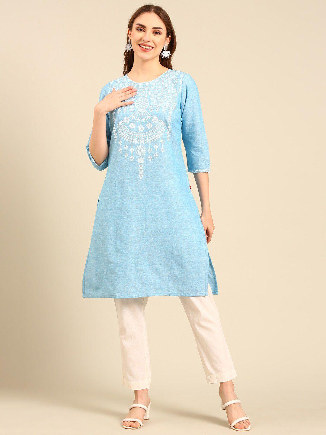 marcia round neck ethnic printed pure cotton straight kurta with trousers