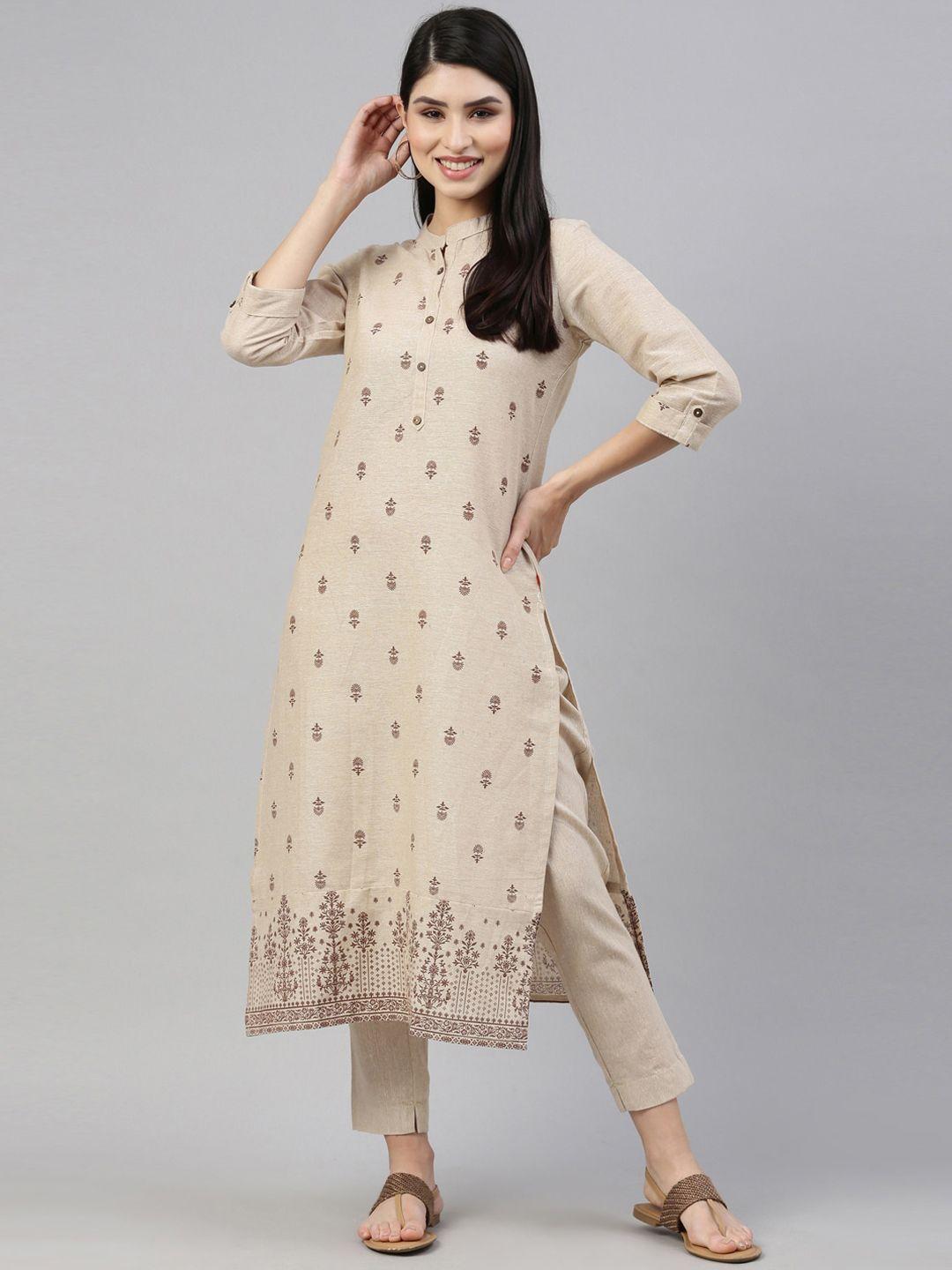 marcia women beige ethnic motifs printed pure cotton straight kurta with trousers