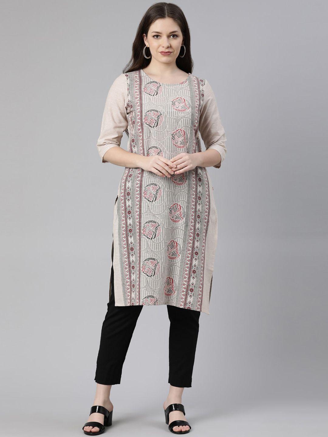 marcia women beige ethnic motifs striped keyhole neck kurta