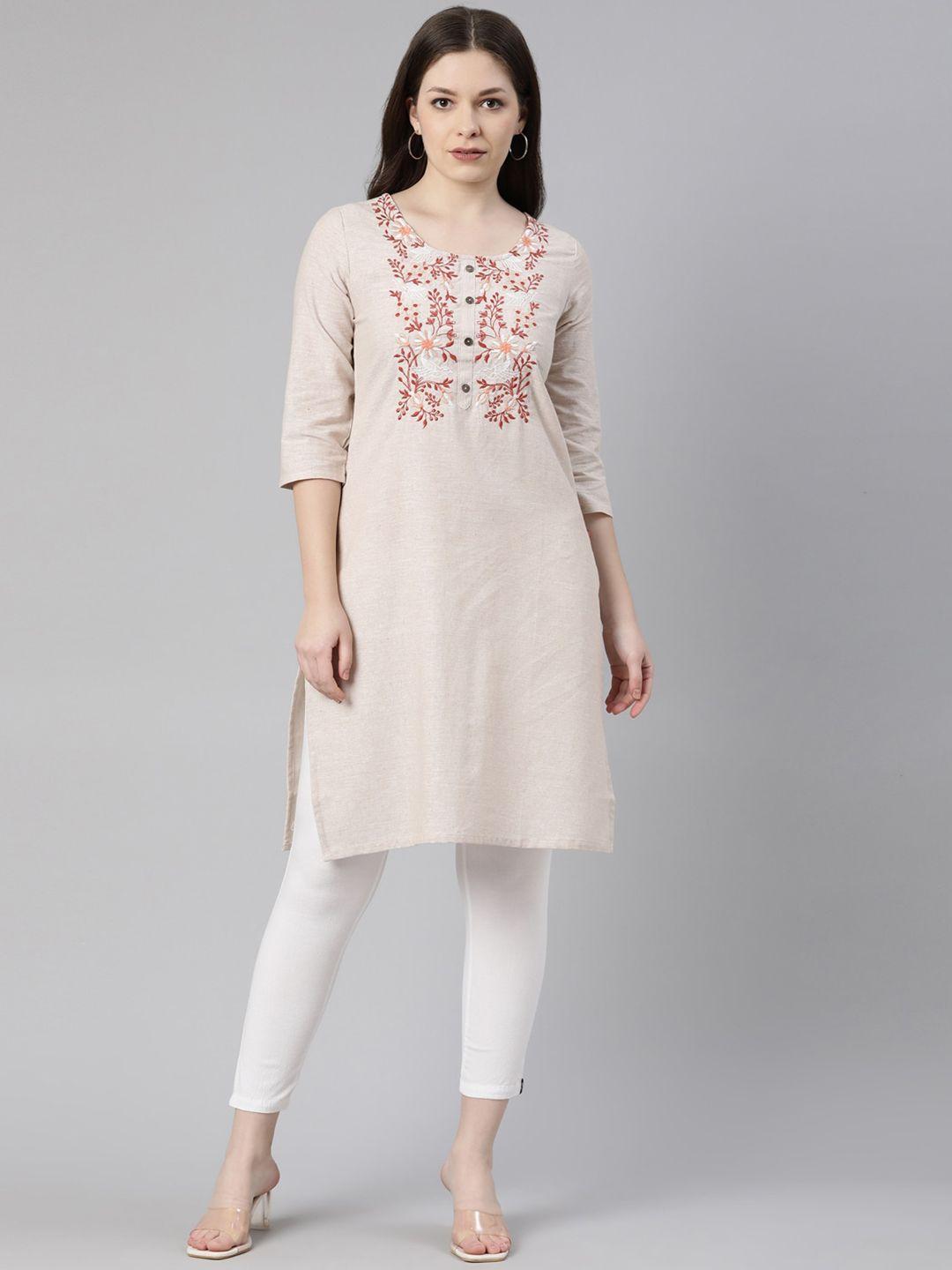 marcia women beige floral yoke design thread work kurta