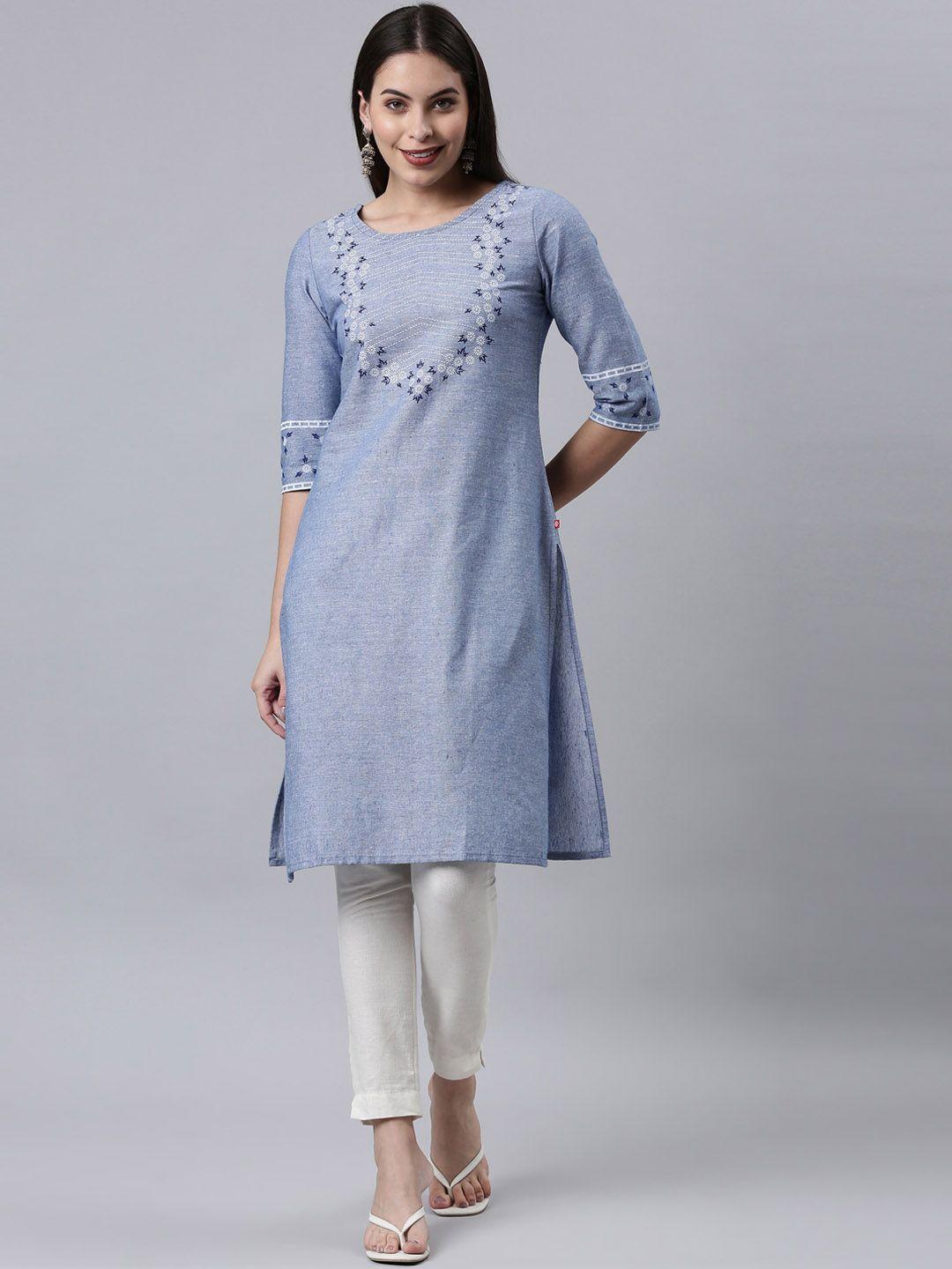 marcia women blue printed  design thread work kurta