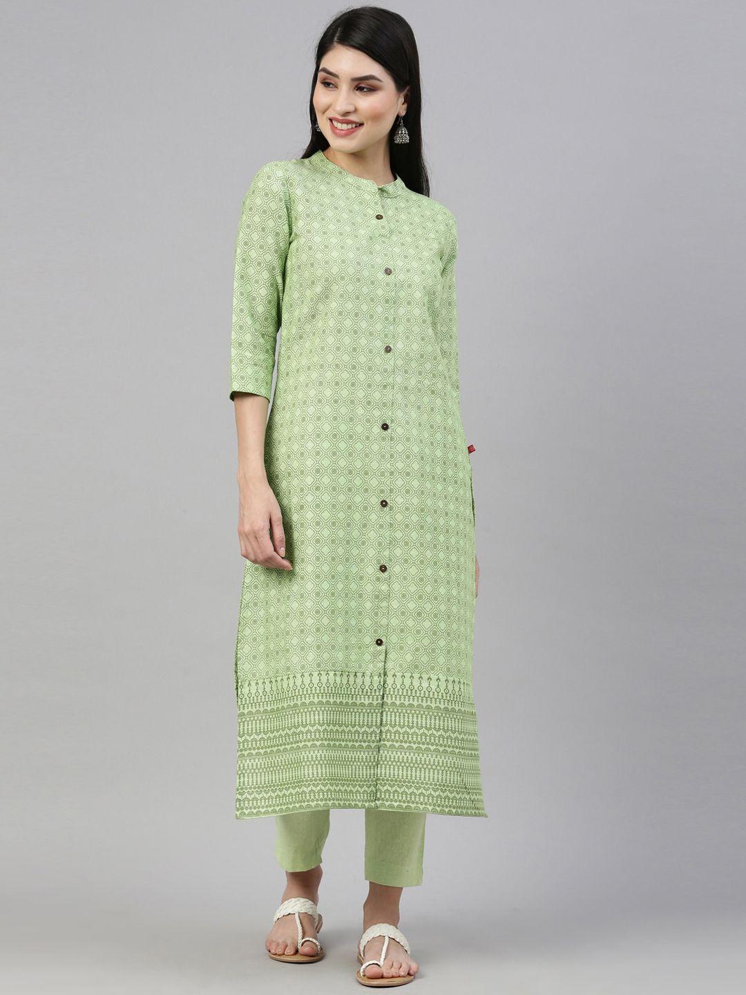 marcia women green printed pure cotton kurta with trousers