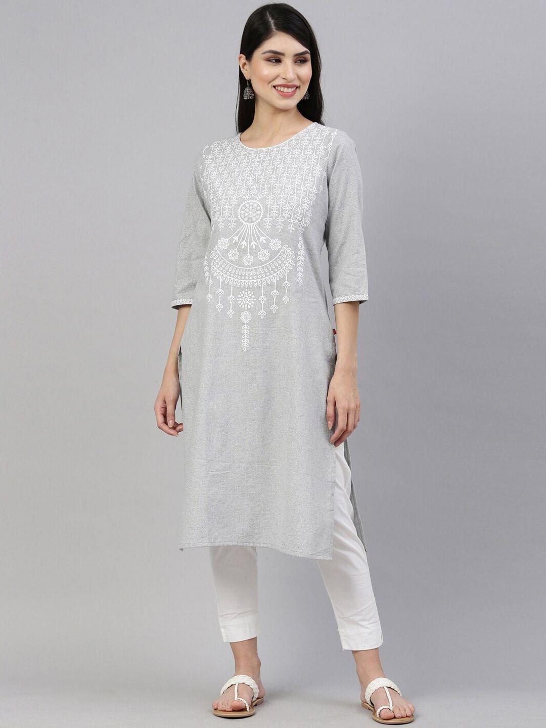 marcia women grey ethnic motif printed straight kurta