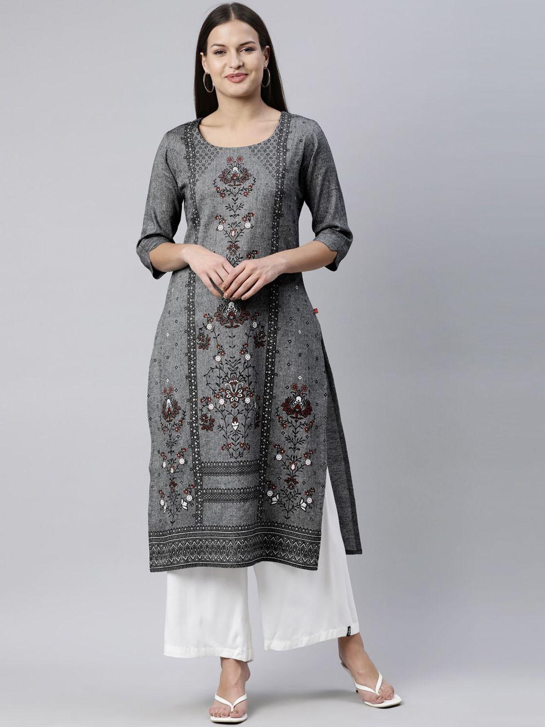 marcia women grey ethnic motifs printed round neck straight kurta