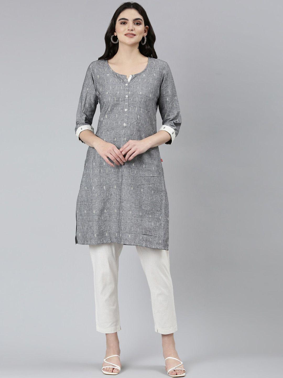 marcia women grey geometric printed chikankari kurta