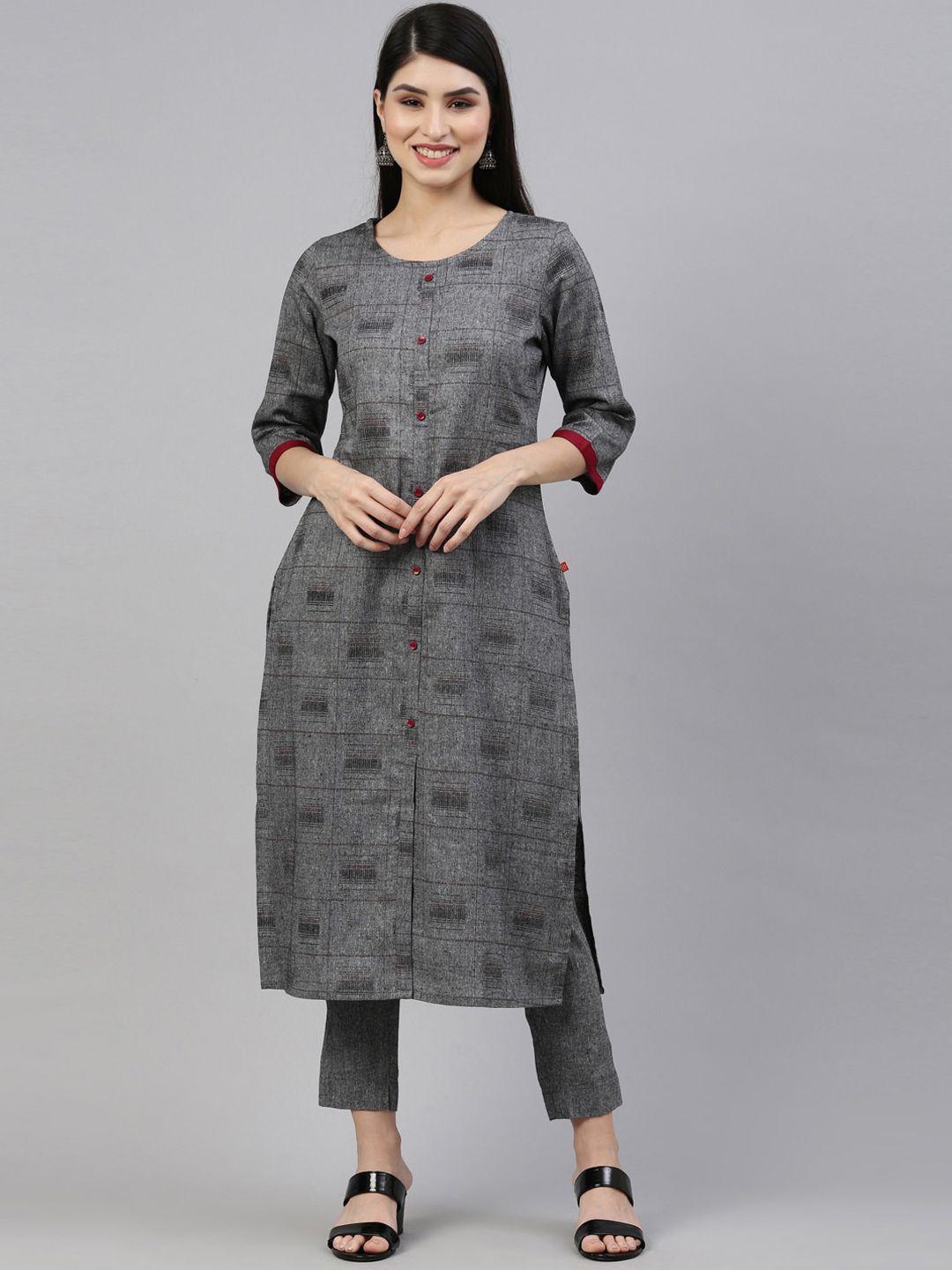 marcia women grey printed pure cotton kurta with trousers