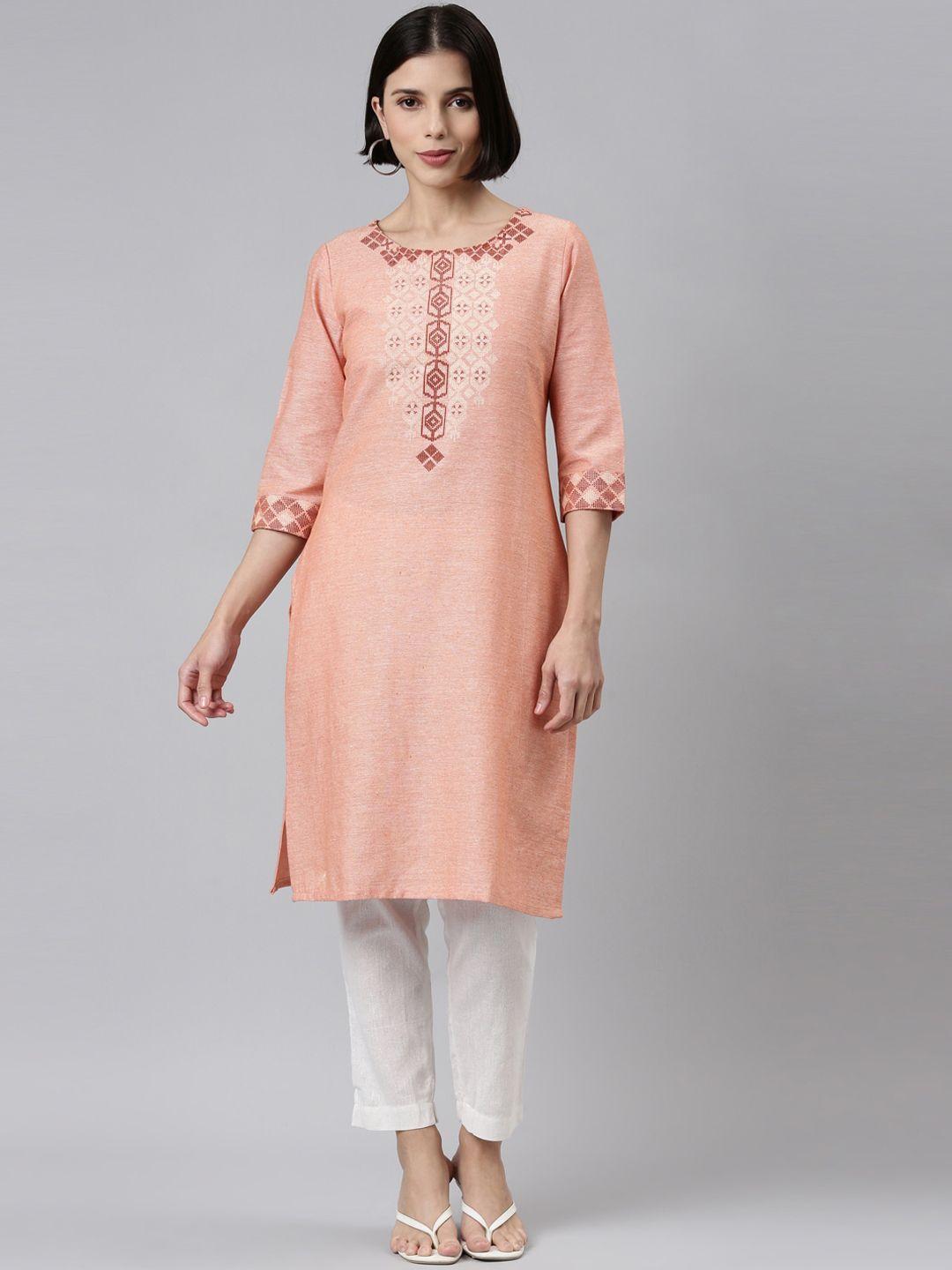 marcia women peach-coloured thread work straight kurta