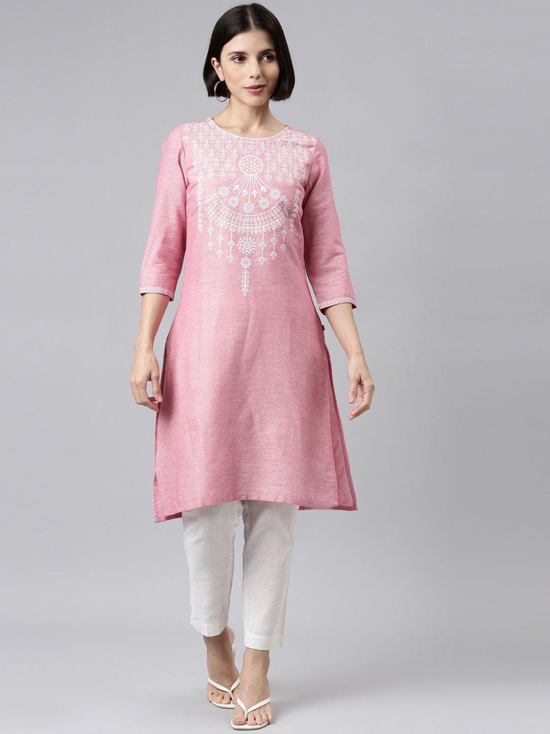 marcia women pink floral embroidered pure cotton kurta with trousers