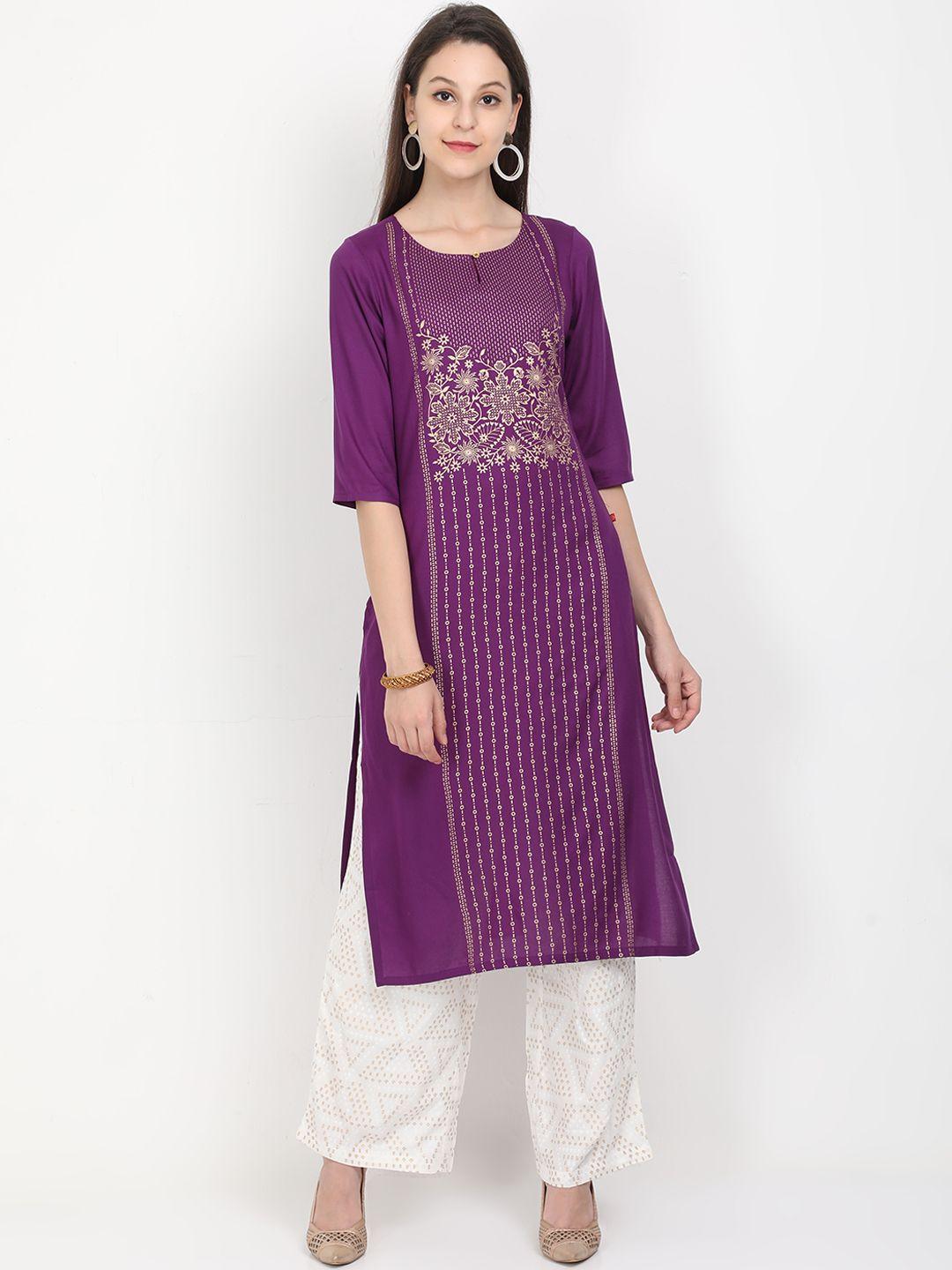 marcia women purple floral thread work kurta