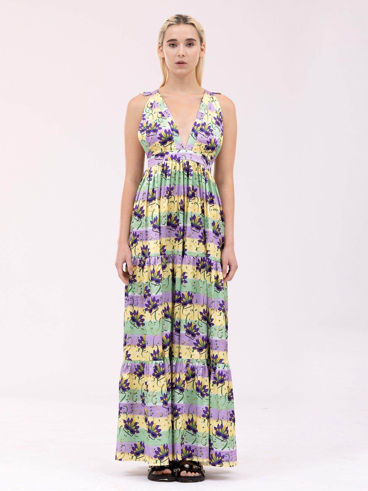 mardi gras print tiered maxi dress