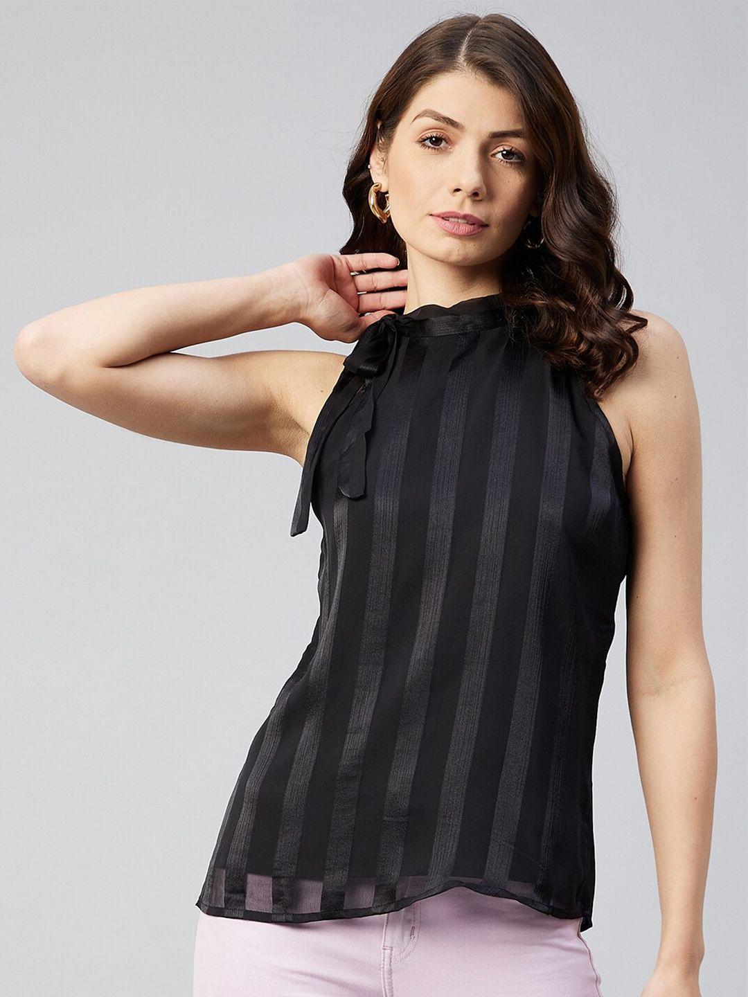 marie claire black self striped tie-up neck chiffon top