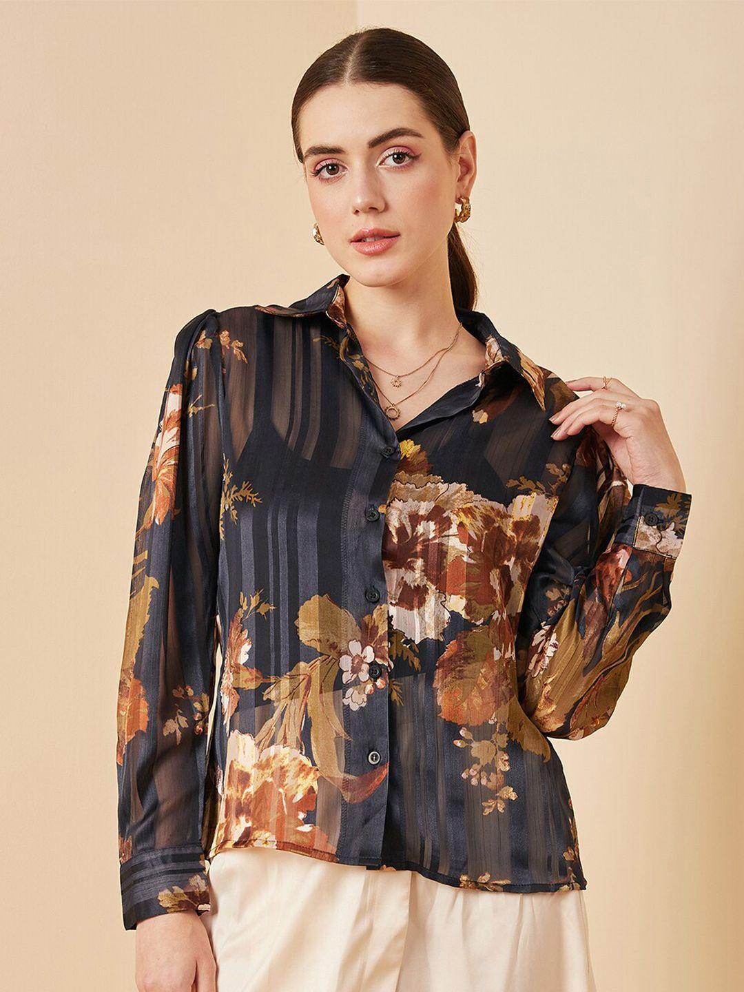 marie claire floral printed semi sheer satin casual shirt