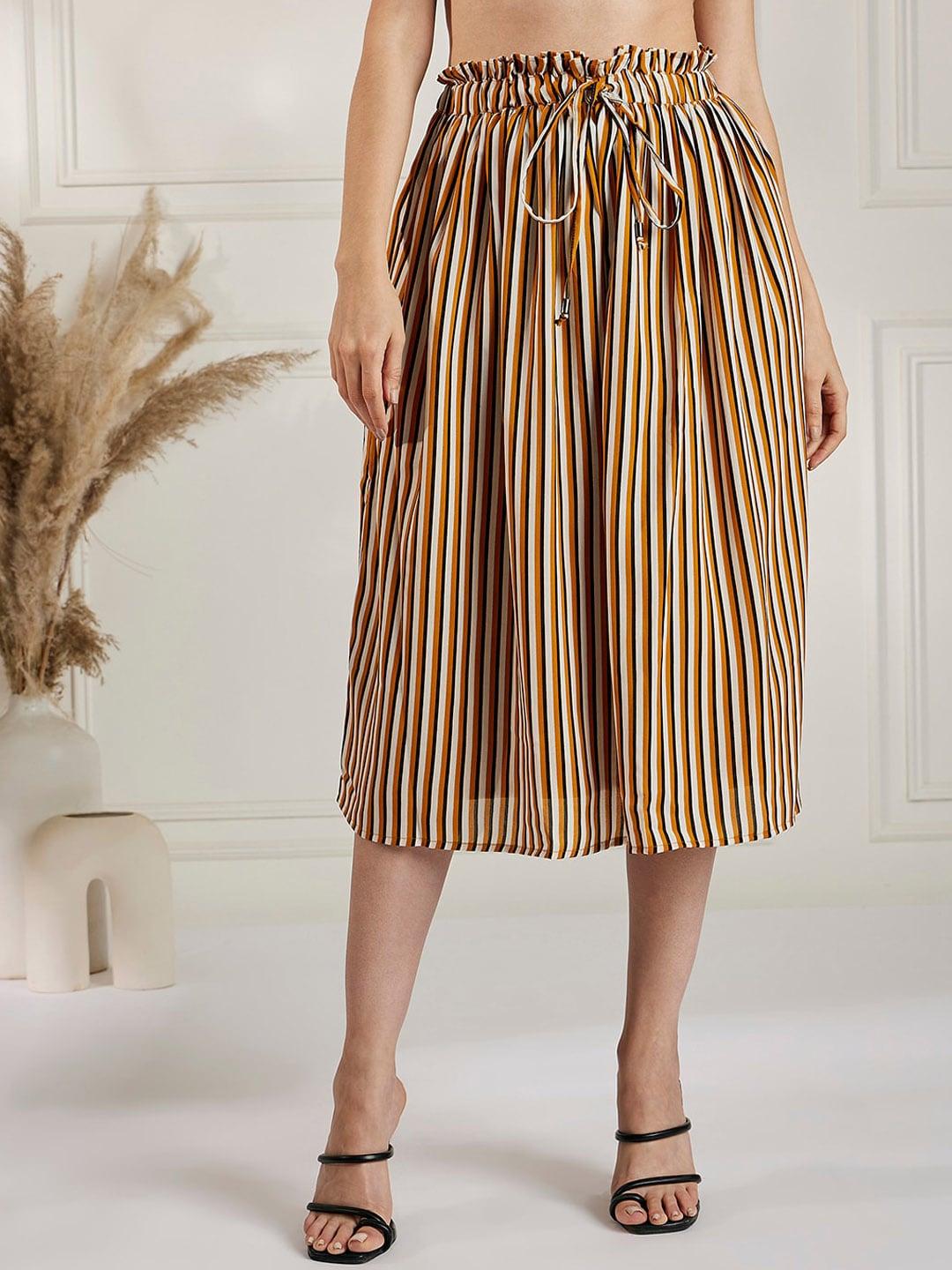marie claire mustard yellow & black striped a-line midi skirt