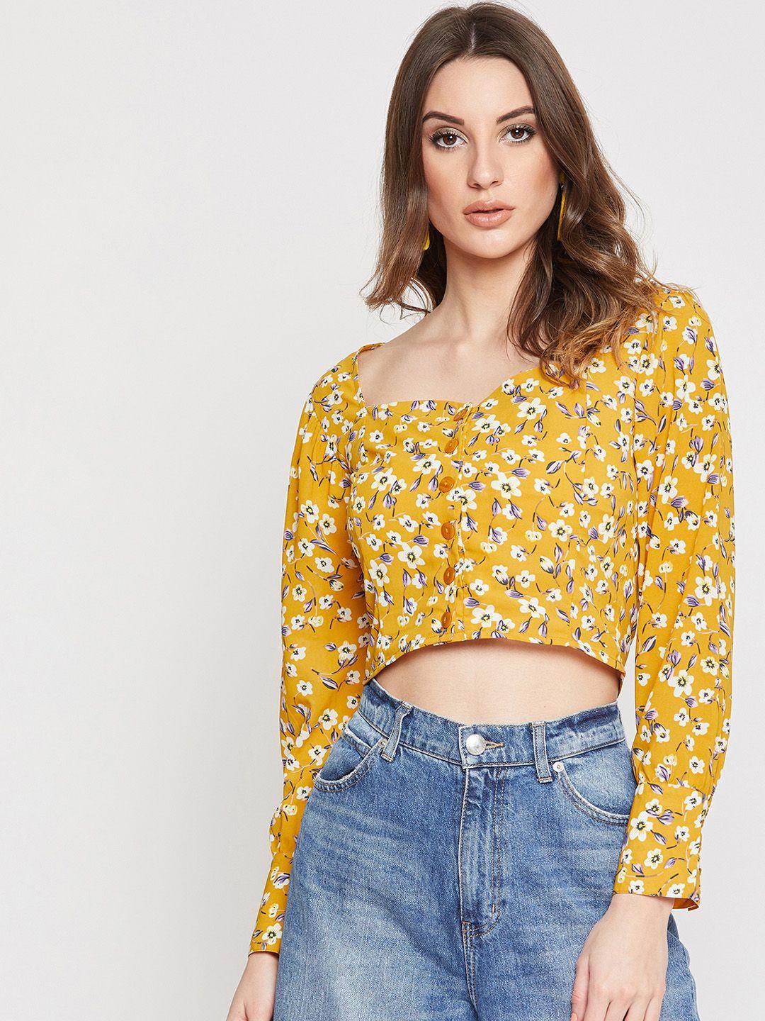 marie claire mustard yellow floral print crop top