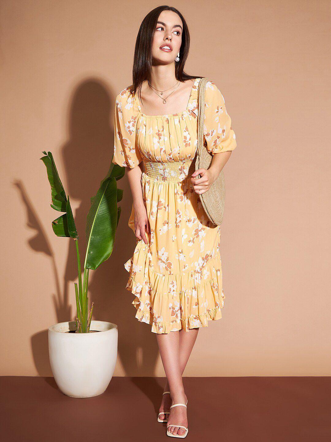 marie claire mustard yellow floral printed puff sleeves smocked fit & flare dress