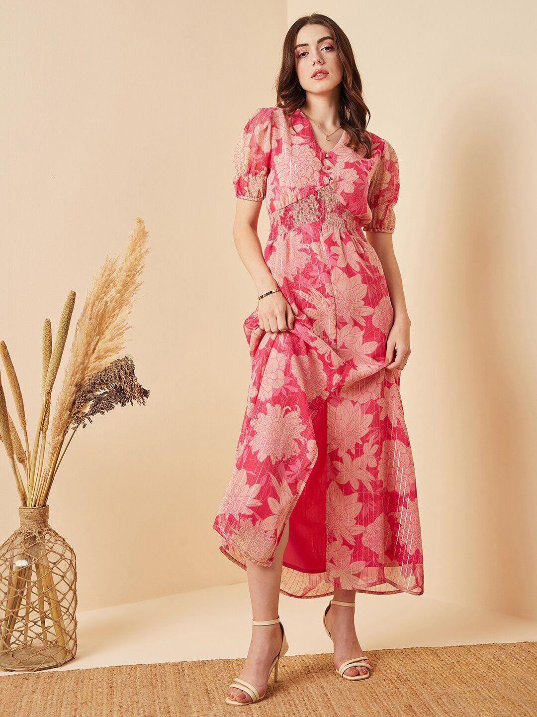 marie claire pink & peach-color floral printed smocked georgette a-line midi dress