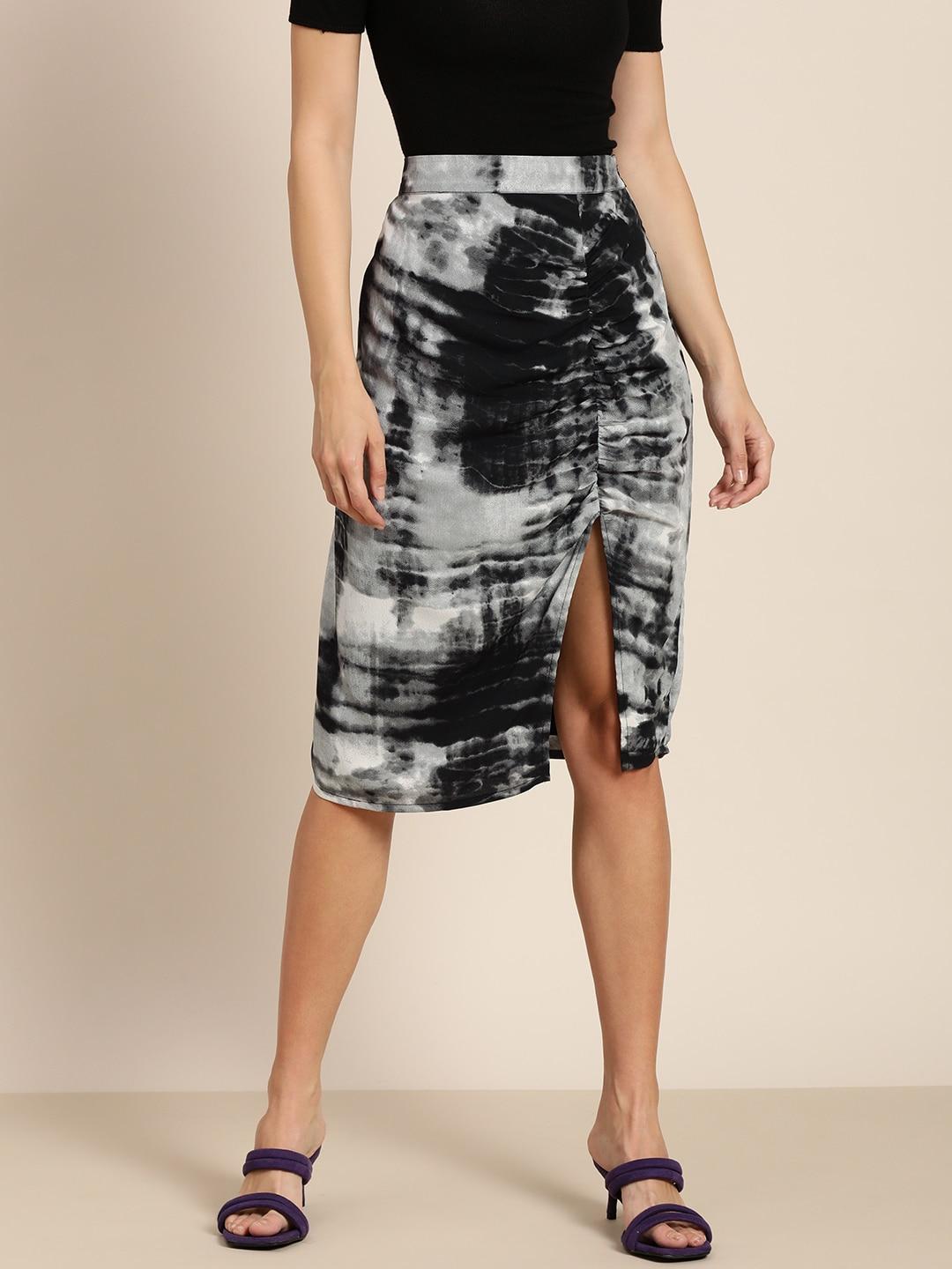 marie claire women black & grey tie & dyed ruched detail high-slit a-line skirt
