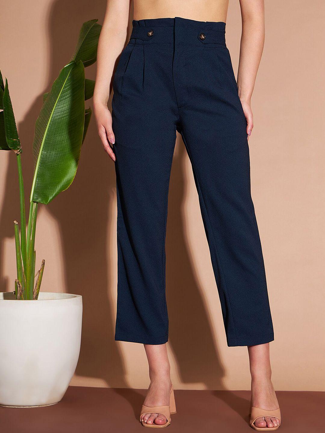 marie claire women blue high-rise plain pleated cropped trousers