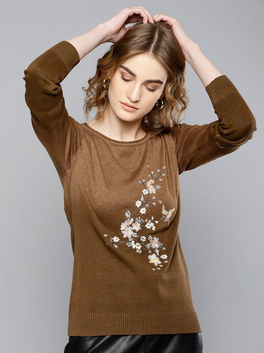 marie claire women floral woollen pullover with embroidered detail