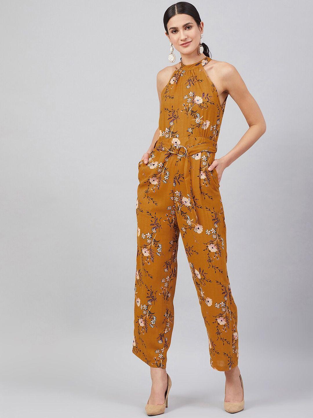 marie claire women mustard yellow & pink floral printed basic jumpsuit