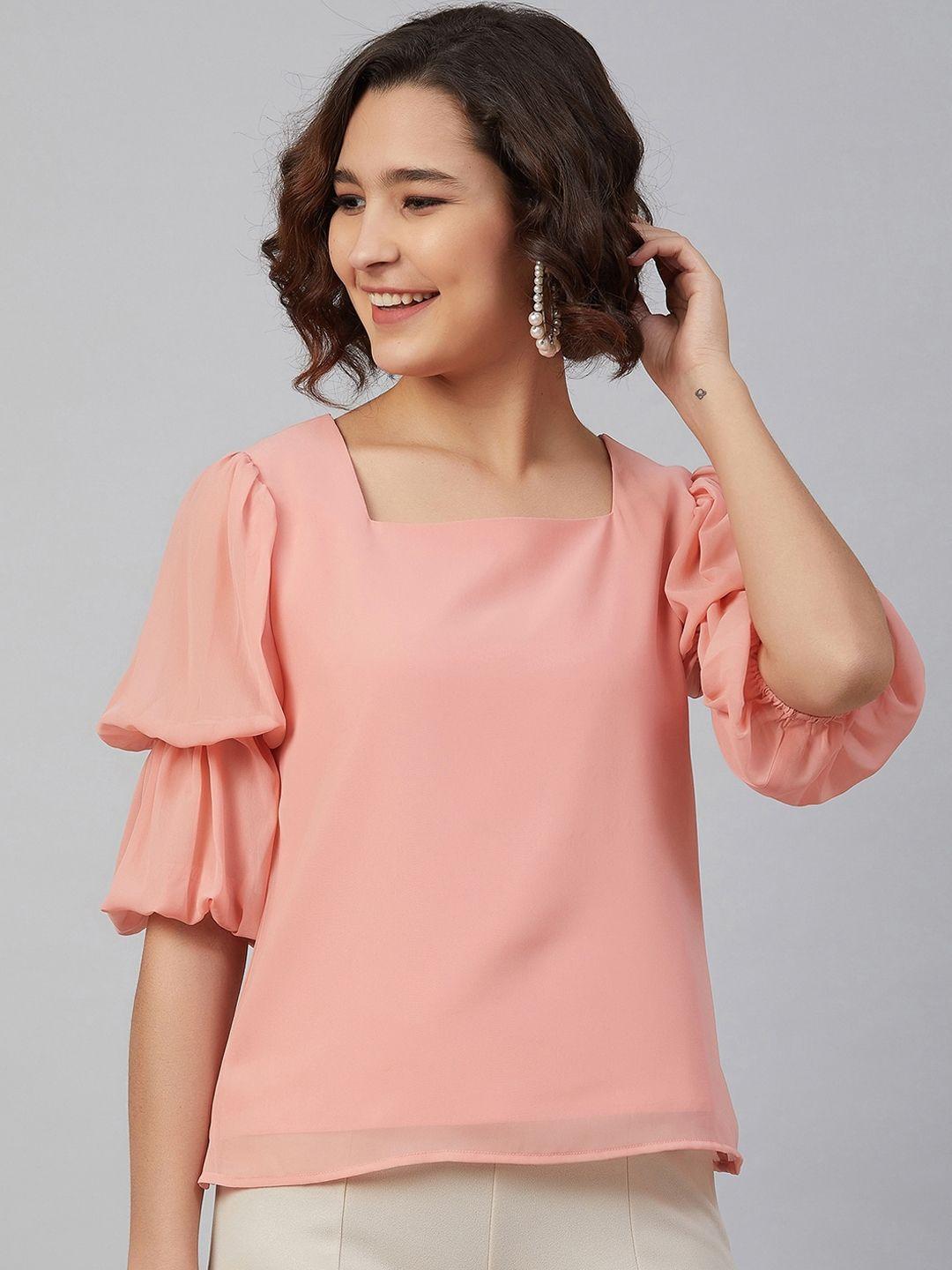 marie claire women peach-coloured puff sleeves georgette regular top