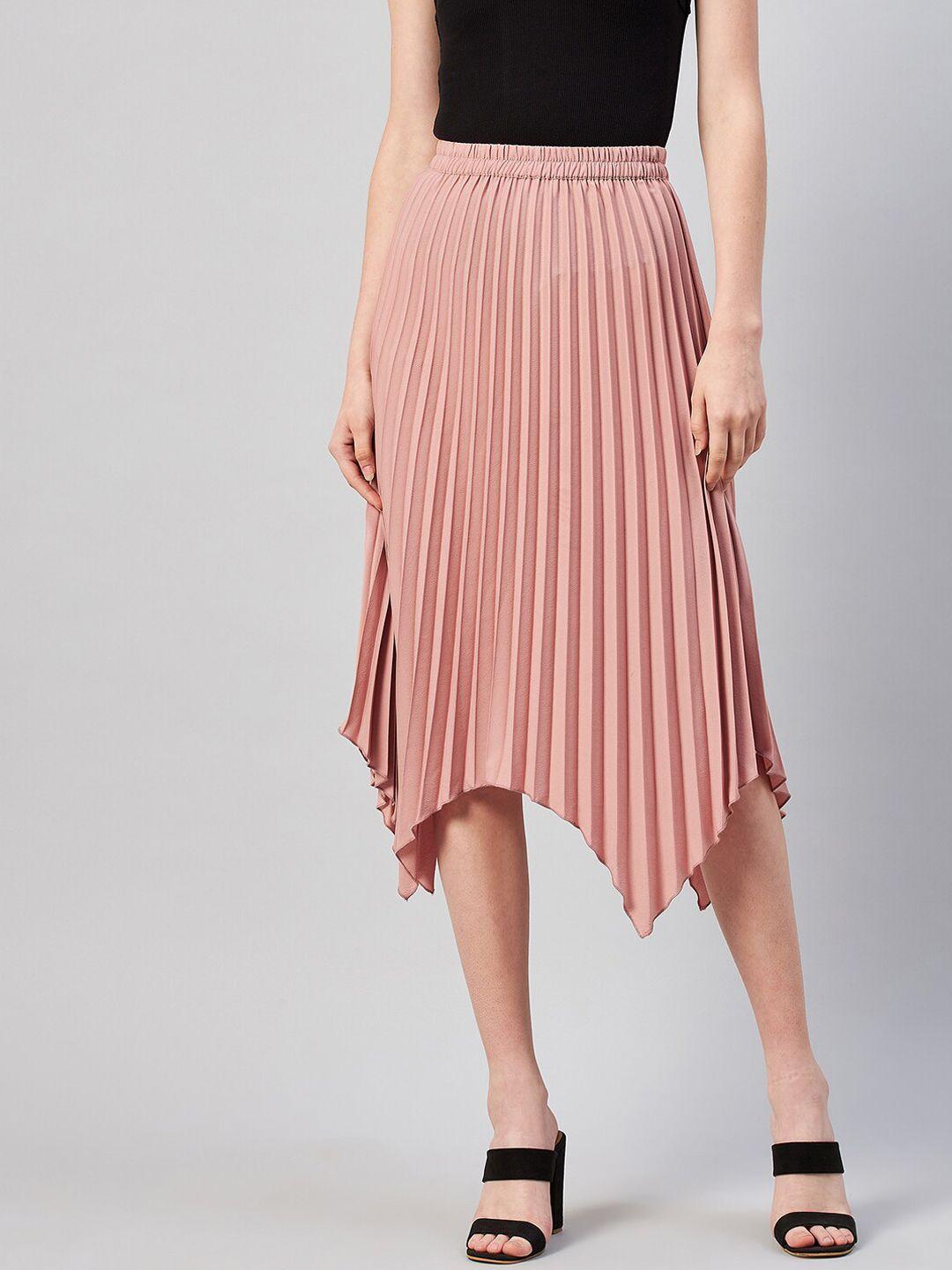 marie claire women peach-coloured solid a-line pleated skirt