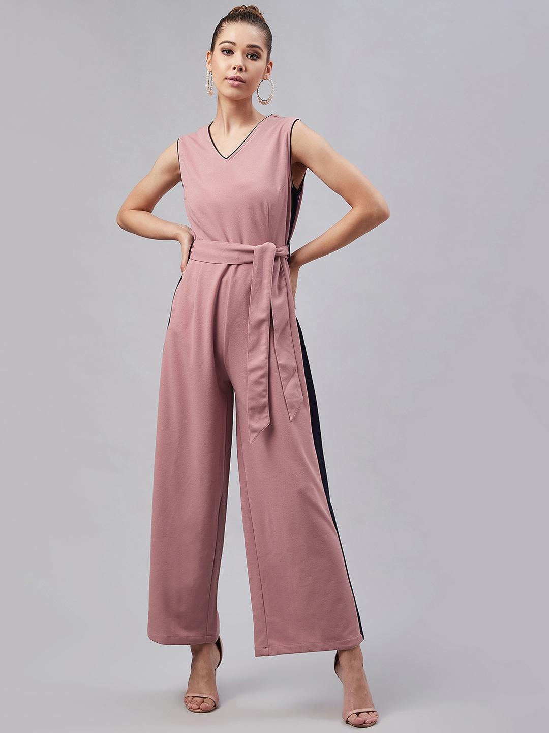 marie claire women pink & navy blue solid basic jumpsuit