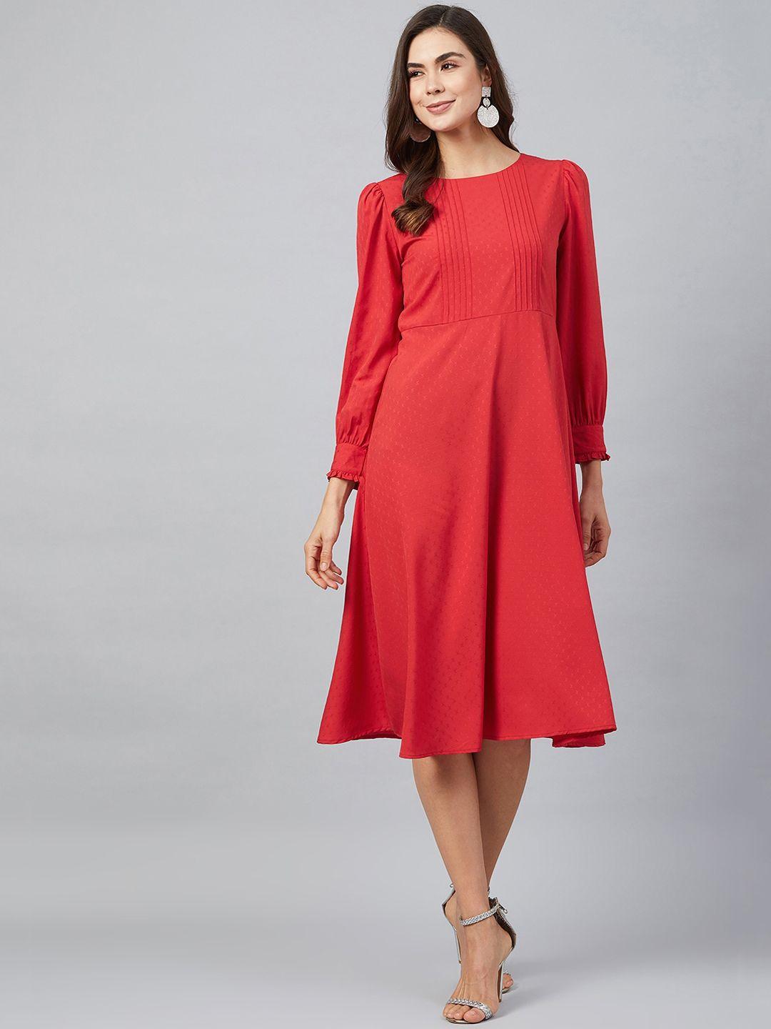 marie claire women red self design fit and flare dress