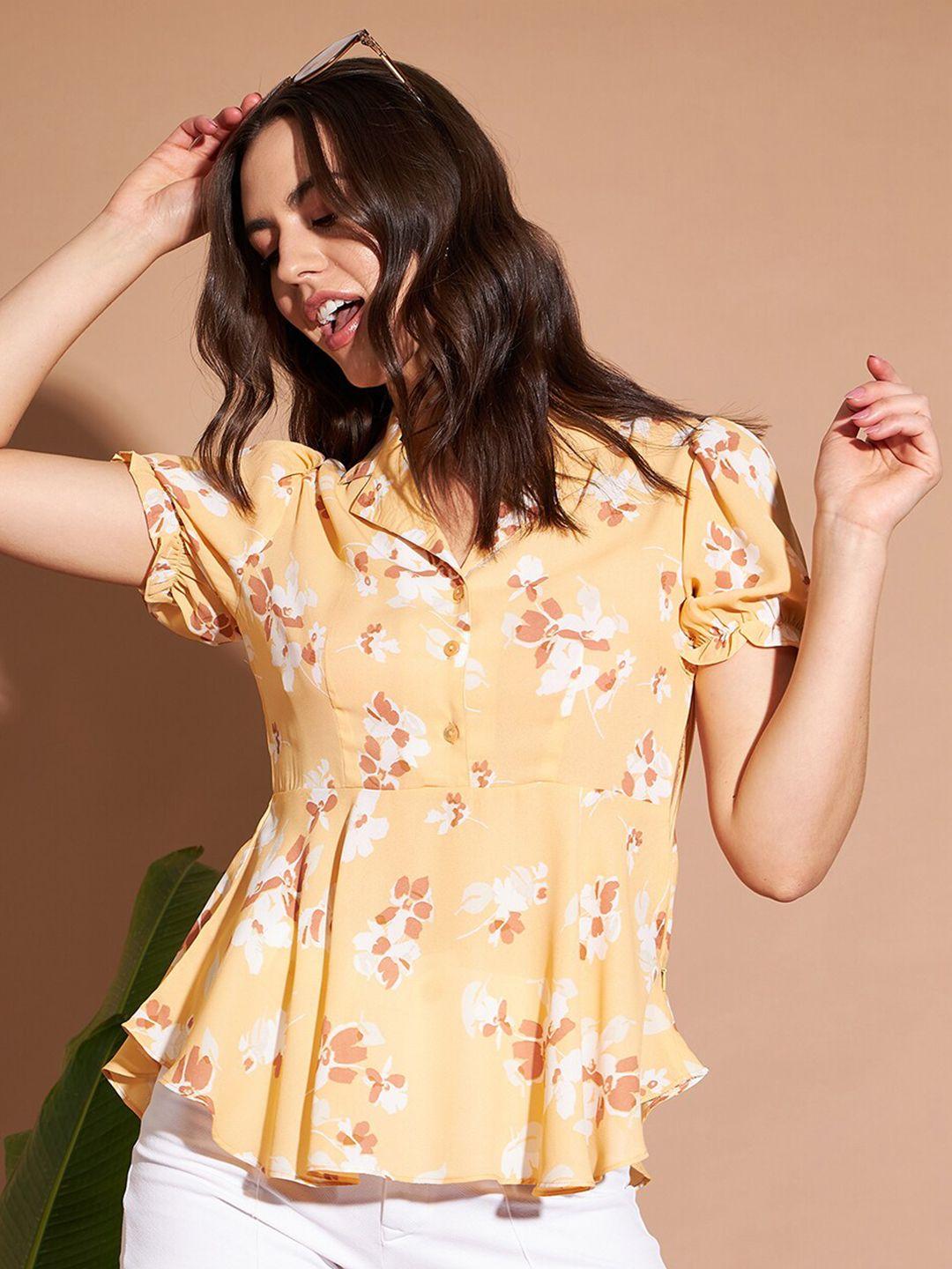 marie claire yellow floral printed puff sleeves peplum top