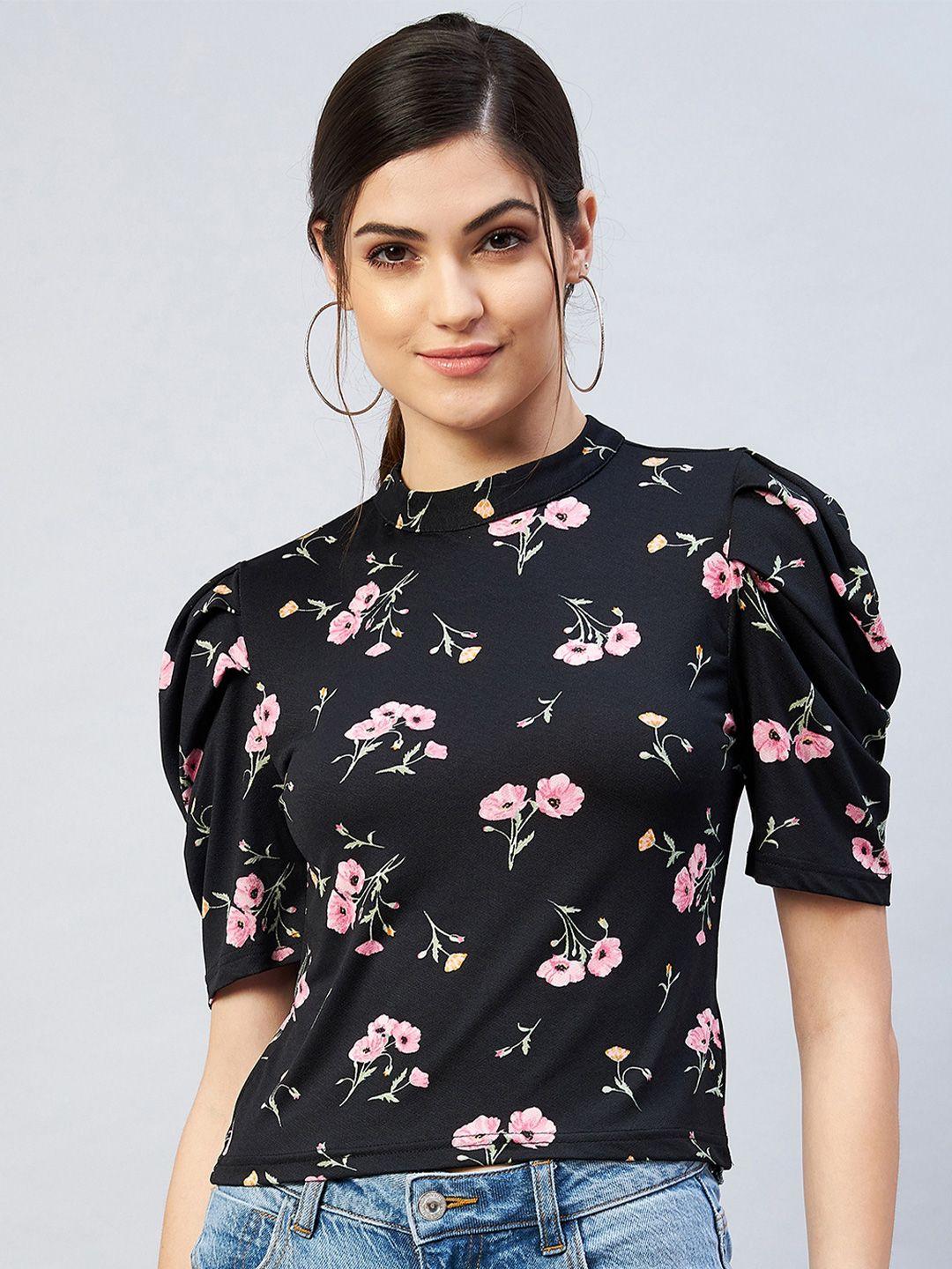 marie claire black & pink floral printed styled back top