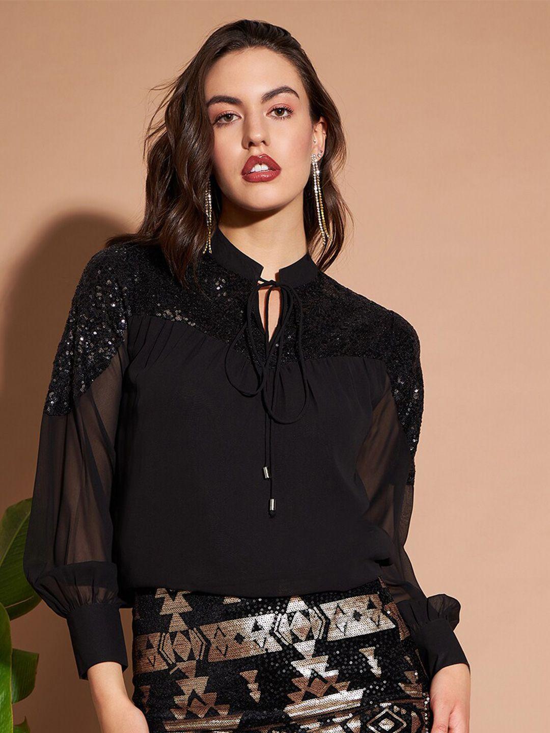 marie claire black high neck embellished top