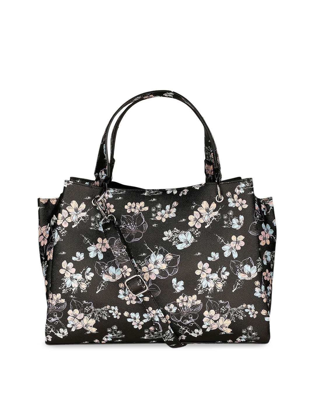 marie claire black printed leather structured satchel bag