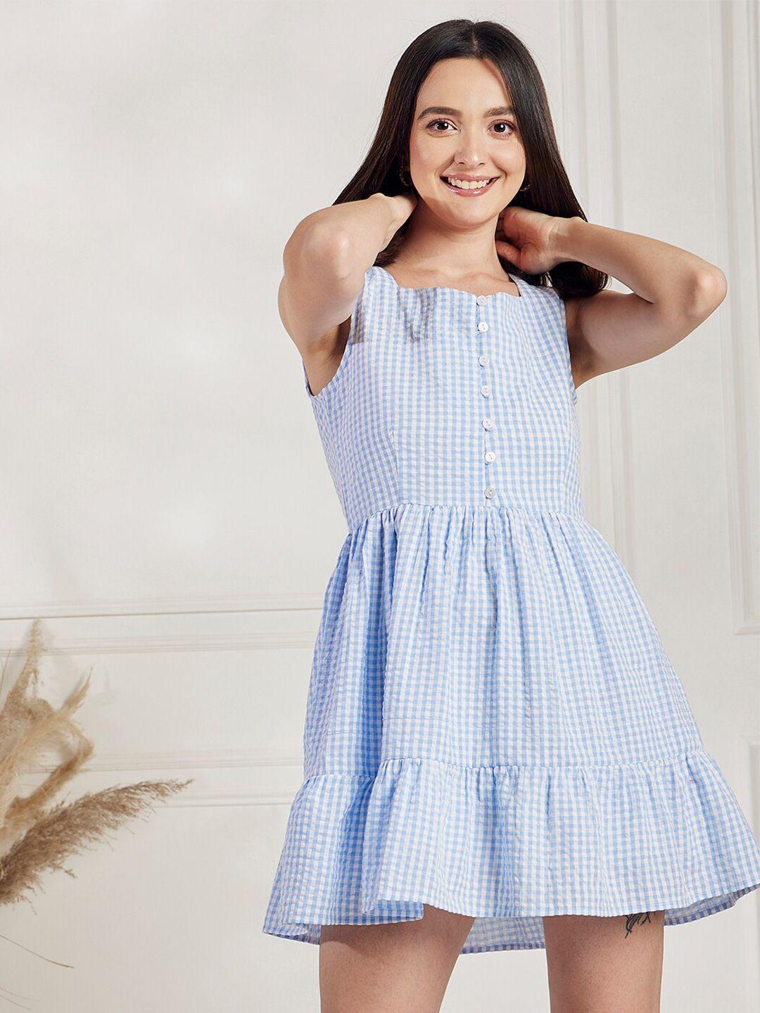 marie claire blue & white checked cotton fit & flare dress