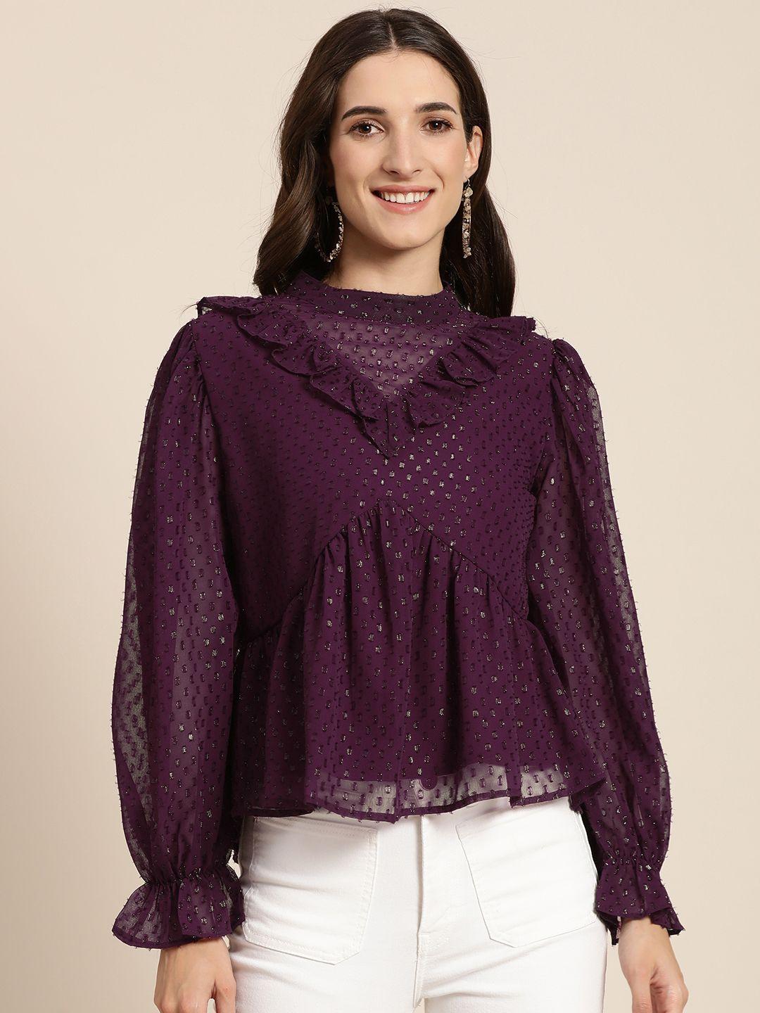 marie claire dark purple self design band collar bell sleeves pleated polyester top