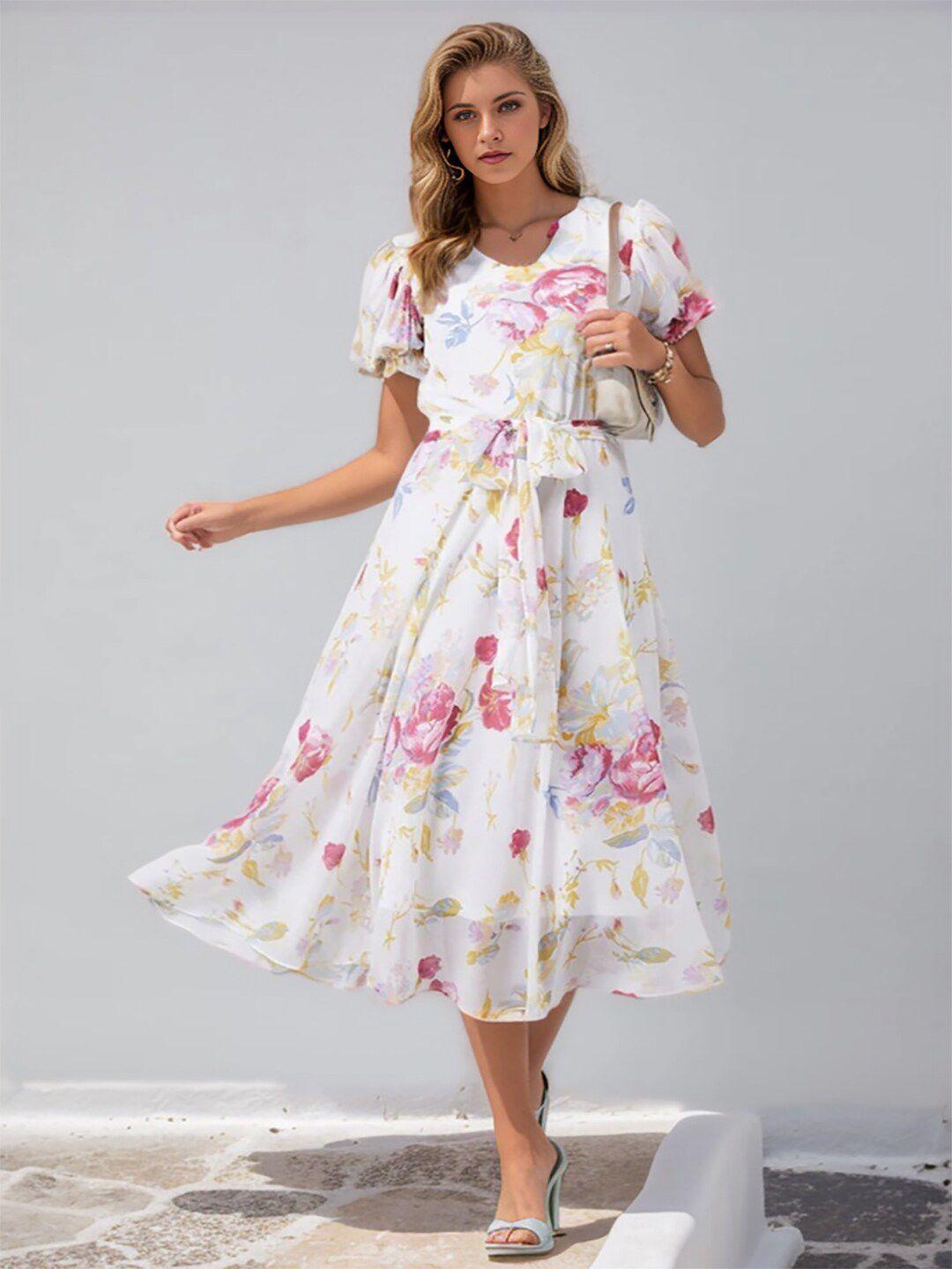 marie claire floral printed v-neck puff sleeves belted georgette fit & flare midi dress