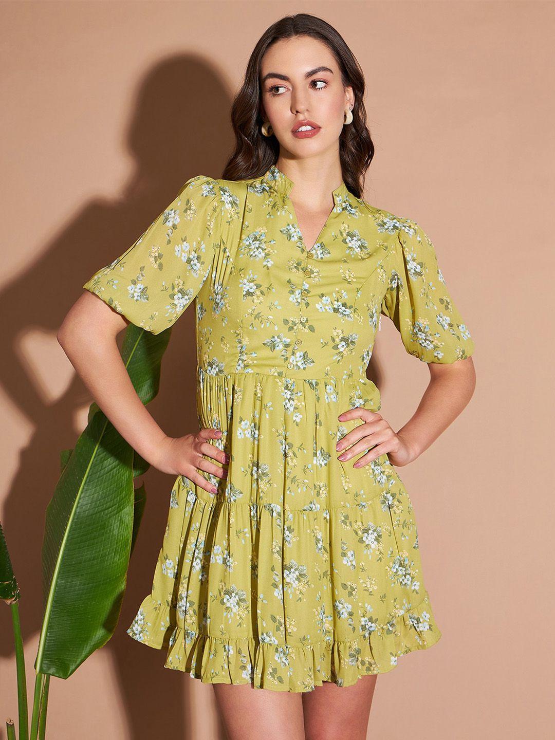 marie claire green floral printed v-neck puff sleeves gathered fit & flare dress