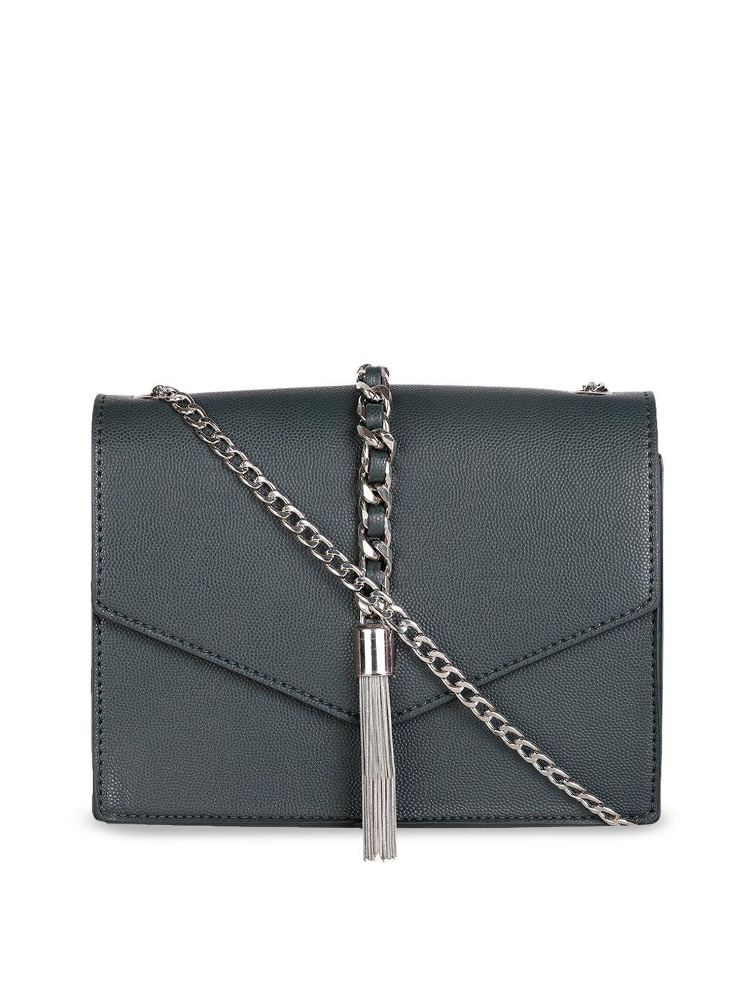 marie claire green textured structured sling bag with tasselled