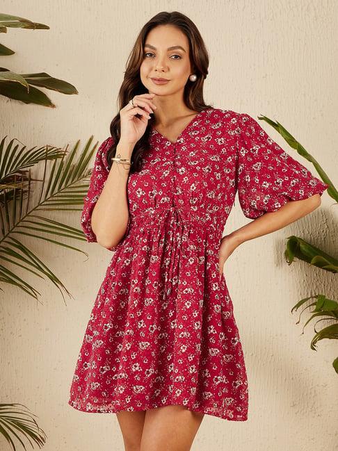 marie claire maroon & white floral print fit & flare dress