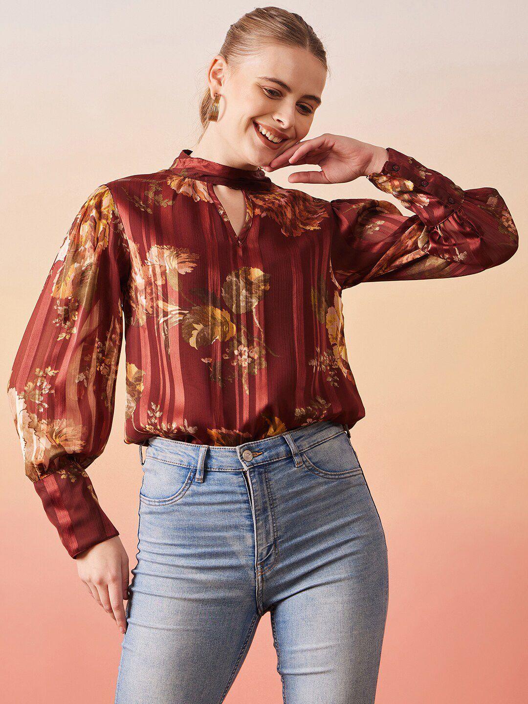 marie claire maroon floral print choker neck puff sleeve regular top