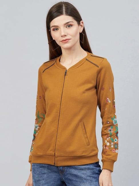 marie claire mustard embroidered front-open sweatshirt