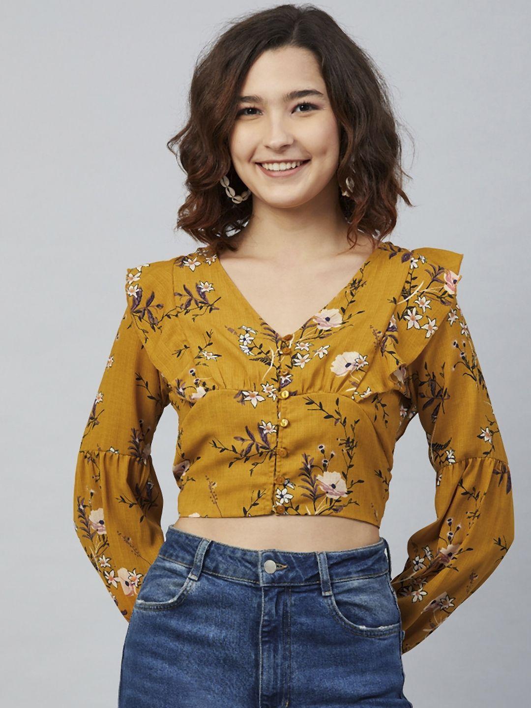 marie claire mustard yellow & white floral printed crepe shirt style crop top