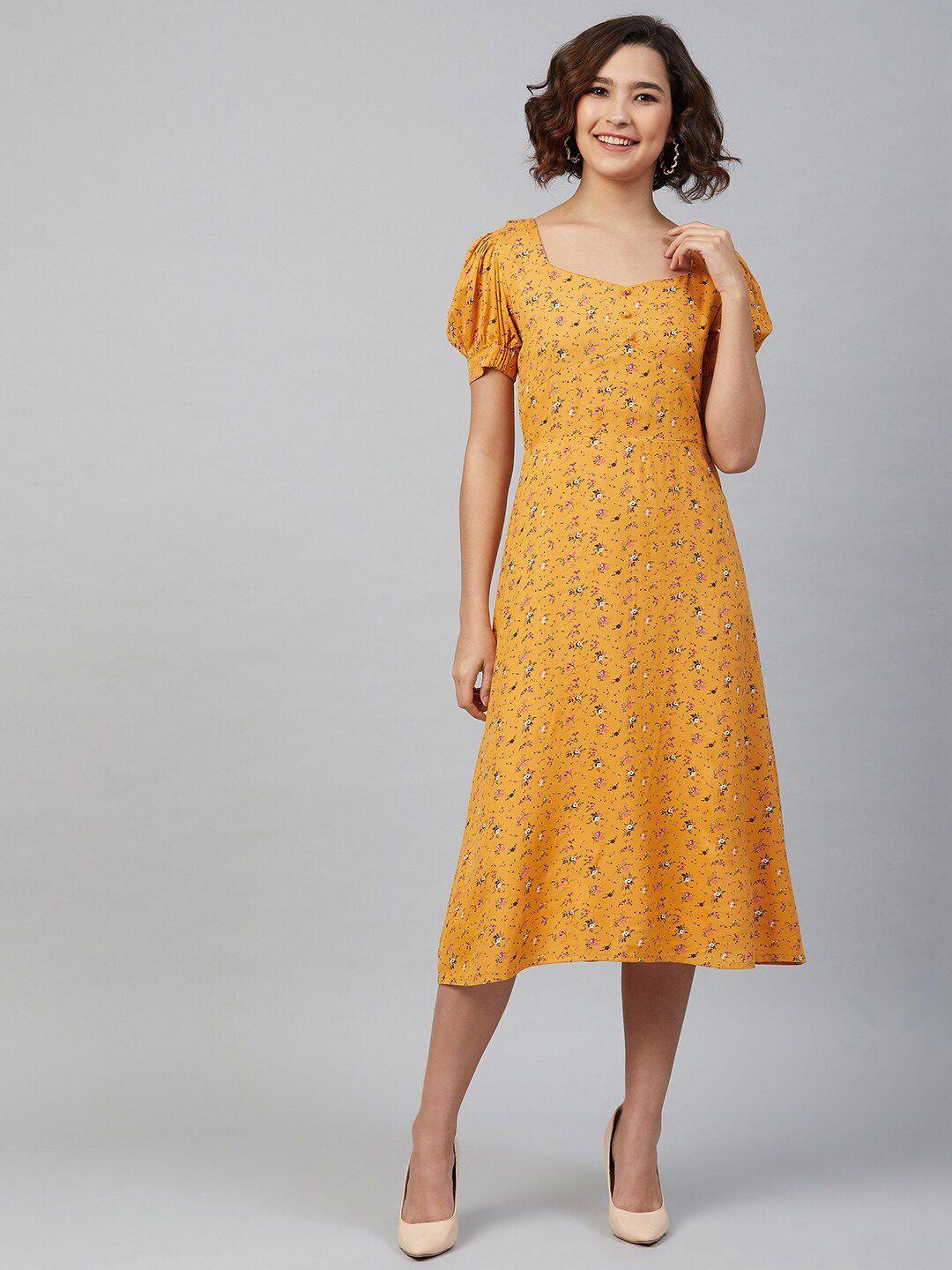 marie claire mustard yellow floral print puff sleeve a-line midi dress