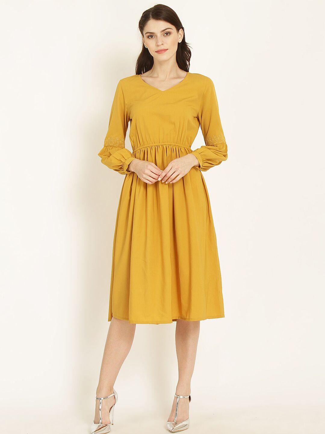 marie claire mustard yellow v-neck crepe fit & flare dress