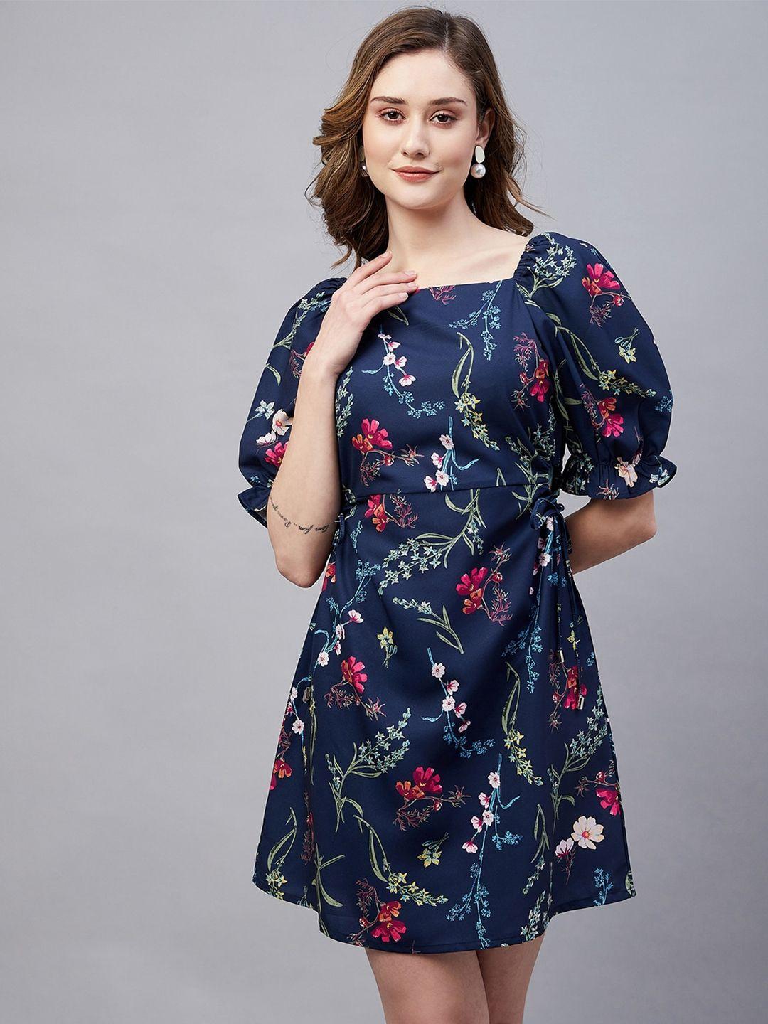 marie claire navy blue floral printed flared sleeve georgette fit & flare dress